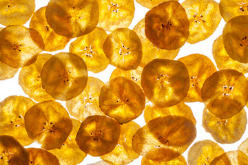 Platano plantain chips on white background