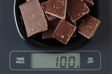 Broken dark chocolate on kitchen scale