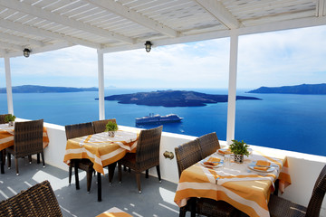 The sea view terrace in restaurant at luxury hotel, Santorini is