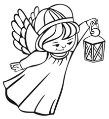 outline image of flying angel with lantern