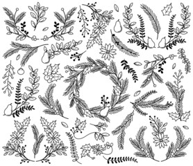 Vector Collection of Vintage Style Hand Drawn Christmas Holiday  - 71237590