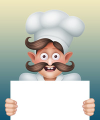 happy chief cook holding blank menu template, cartoon character