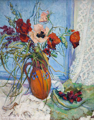 drawing oil, still life of flowers, flower oil, poppies - 71238925
