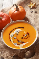 Homemade pumpkin soup for Thanksgiving
