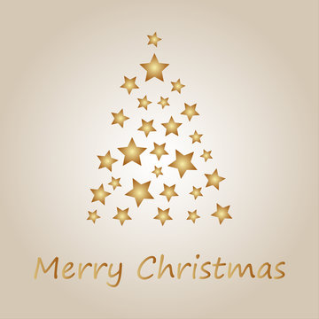Simple gold christmas tree from stars, merry christmas card