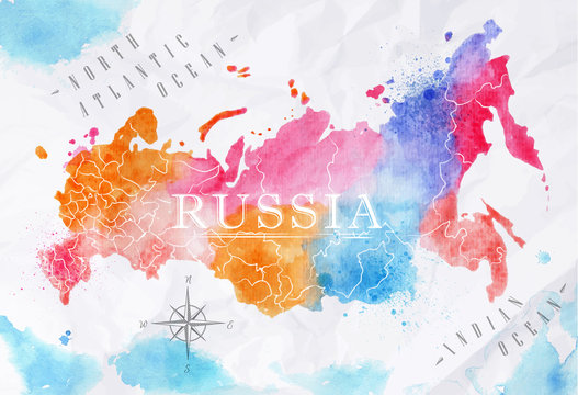 Watercolor map Russia pink blue