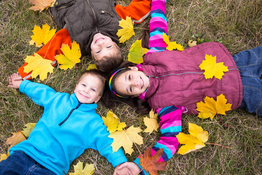 Three kids on yellow leaves