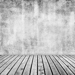 Empty interior background with white grunge concrete wall and wo