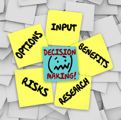 Decision Making Sticky Notes Input Options Risks Benefits Resear