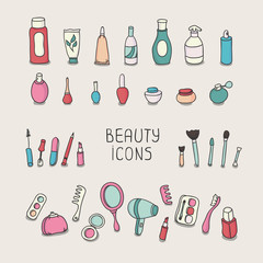 Set of vintage cosmetics elements and beauty products icons.