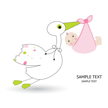Newborn baby girl with stork vector greeting card