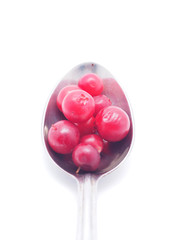 cranberries and spoon on a white background