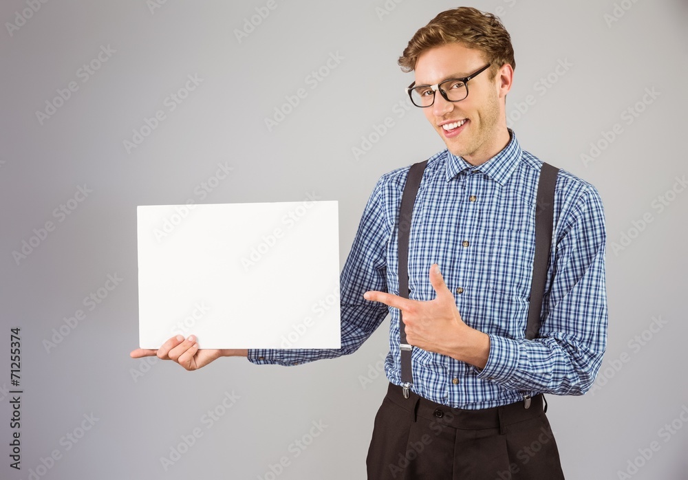 Poster geeky hipster showing a card