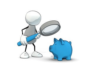 little sketchy man looking at a blue piggy bank with magnifier