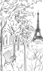 Street in autumn Paris. Eiffel tower -sketch illustration