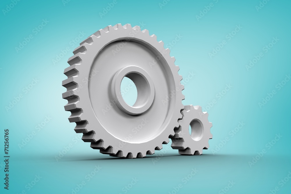 Poster composite image of white cogs and wheels connecting