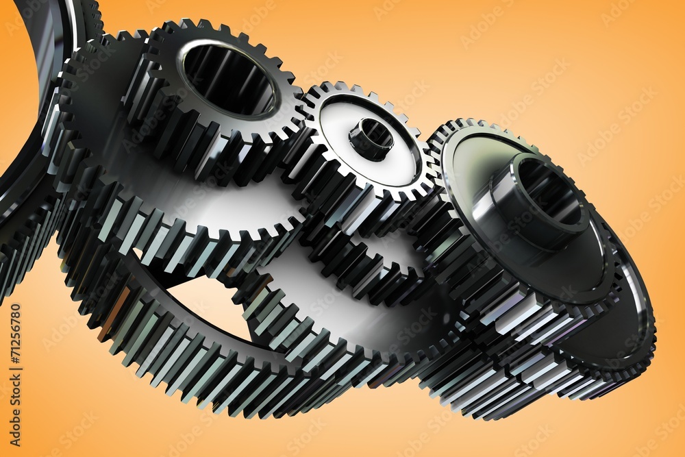Poster composite image of metal cogs and wheels connecting