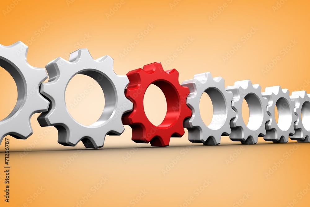 Poster Composite image of red and white cogs and wheels