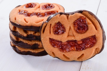 Halloween cookies with pumpkin, close-up