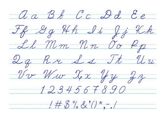 Hand drawn uppercase calligraphic alphabet and number.