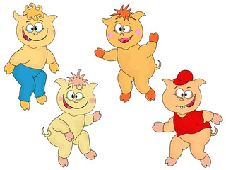 Four funny cartoon piglets