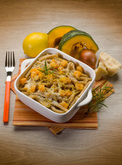 pasta casarecce with pumpkin, lemon peel and parmesan cheese