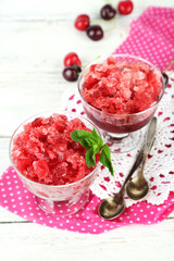 Closeup of cherry granita in glass bowl,