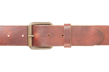 Brown leather belt with buckle on white, clipping path