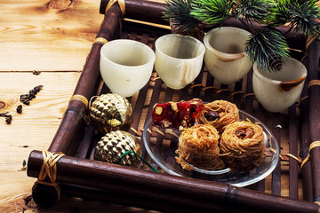 woven bamboo tray with Christmas sweets