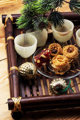 woven bamboo tray with Christmas sweets