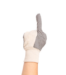 Gloved hand showing one finger.