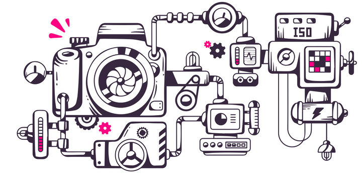 Vector industrial illustration of the mechanism of photo camera.