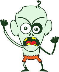 Furious Halloween zombie protesting energetically