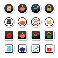 Shopping icons set - account, save, 24h, shopping bag