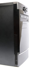 Black computer case on a white background.