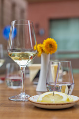 A glass of wine in restaurant. Shallow DOF