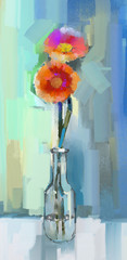 Glass vase with bouquet gerbera flowers.Oil painting