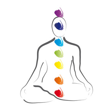 Position im Yoga, Lotussitz mit Chakren, Logo f&uuml;r Achtsamkeit, Meditation, Mantra, Heilung, Zufriedenheit, R&uuml;ckzug und inneres Wachstum, innerer Frieden und Ausgleich finden, retreat, Vektor, isoliert