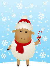 Cute sheep on winter background