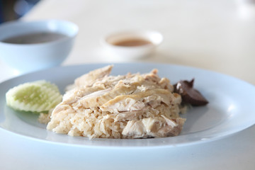 Thai food gourmet steamed chicken with rice , khao mun kai in wo