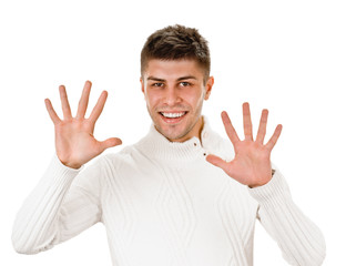 Fototapeta premium Portrait of happy smiling man showing ten fingers