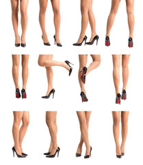 Set of various beautiful fit woman legs in high heels - obrazy, fototapety, plakaty