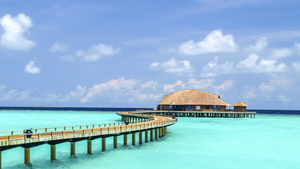 view of water bungalow in irufushi island,  maldives