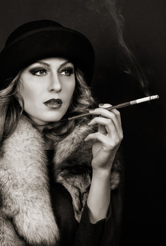 Retro Woman Portrait. Smoking Lady