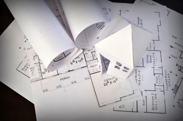 Real estate concept - construction plan, plan for house on table