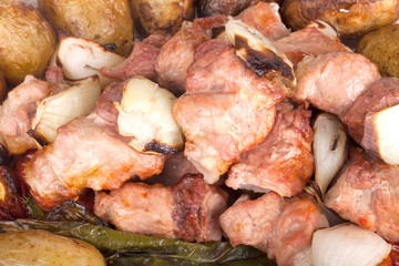 Meat with potatoes, eggplants, tomatoes, onions and peppers on t