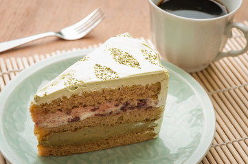 Japanese confectionery, green tea and red bean swiss roll