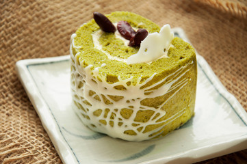 Japanese confectionery, green tea and red bean swiss roll