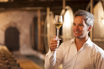 professional winemaker examining a glass of white wine in a trad