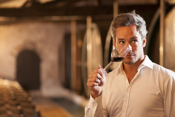 Professional winemaker smelling a glass of red wine in his tradi
